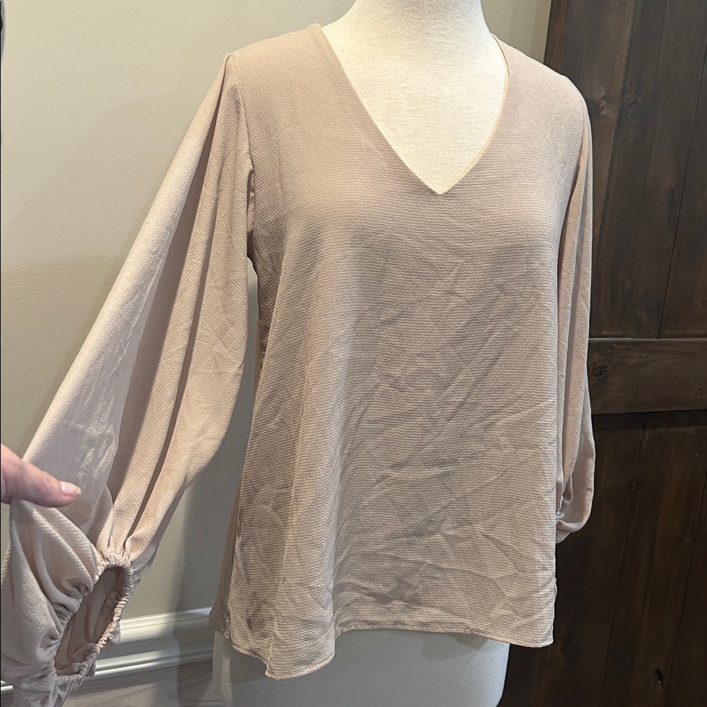 E456 VICI FATE Beige  Sheer Balloon Sleeve Blouse Size M EUC